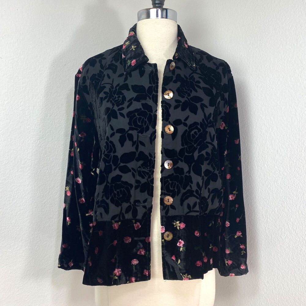 Velvet Black Burnout Pink Roses Shirt Jacket Large  Abalone Shell Buttons Goth